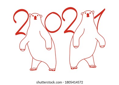 2021 New Year banner with two cute white bears. Red and white New Year background