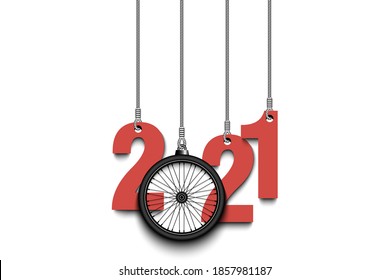 2021 New Year and bicycle wheel as a Christmas decorations hanging on strings. 2021 hang on cords on an isolated background. Design pattern for greeting card. Vector illustration