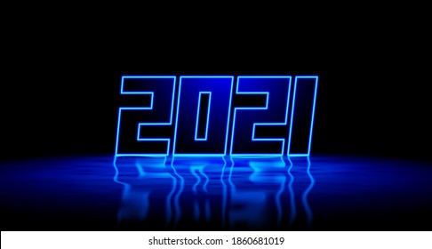 2021 New Year blue neon sign with shiny 3D digits and realistic reflection on wet floor. 2021 New Years Eve party or event invitation card emblem or cover