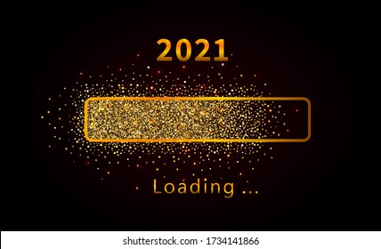 2021 New Year with bright shiny loading progress bar, golden glitter and sparkles. Template design for holiday web banner, poster, wallpaper, carnival, greeting card or invitation, end of year.

