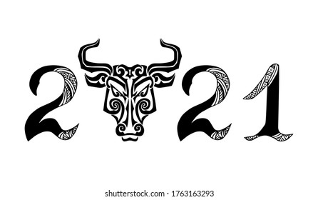 2021 New Year with Bull head. Vector illustration isolated on white background.
