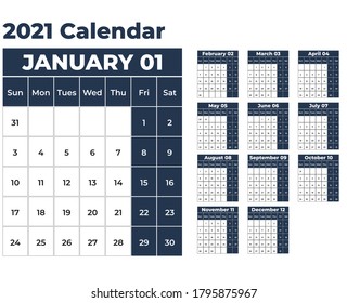 2021 new year calendar in clean minimal table simple style. Calendar design template. English calendar. EPS 10 Format.