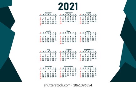 2021 new year calendar design in modern print style. Months and weekends of 2021 new year. Vector illustration