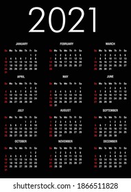 2021 New Year calendar on black background