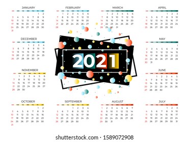 2021 new year calendar page color blue, green, orange, yellow gradient colorful ball, diary desktop. Week Start Sunday. Business day and month planner template on white. Vector mock up illustration