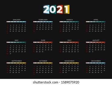 2021 new year calendar page color blue, green, orange, yellow gradient colorful diary desktop. Week Start Sunday. Business day and month planner template on black. Vector mock up illustration