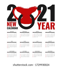 2021 new year calendar page. Diary desktop with red ox nose with ring - symbol new year 2021. Week Start Sunday. Business day and month planner template. Vector mock up illustration