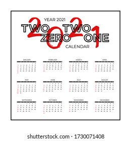 2021 new year calendar page. Diary desktop with abstract chinese calligraphy number 2021. Week Start Sunday. Business day and month planner template on white background. Vector mock up illustration