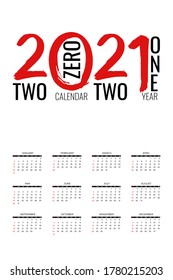 2021 new year calendar page. Diary desktop with abstract chinese calligraphy number 2021. Week Start Sunday. Business day and month planner template on white background. Vector mock up illustration