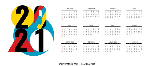 2021 new year calendar page with abstract geometric, diary desktop. Week Start Sunday. Business day and month planner template isolated on white. Vector mock up illustration