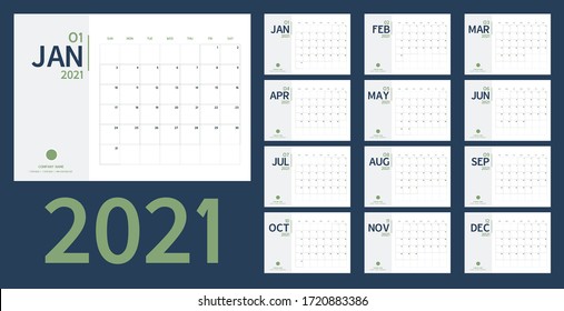 2021 new year calendar and planner vector in clean minimal table simple style and blue gold color,Holiday event planner,Week Starts Sunday.include holiday event