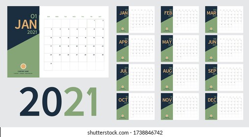 2021 new year calendar and planner vector in clean minimal table simple style and blue,green color,Holiday event planner,Week Starts Sunday.include holiday event