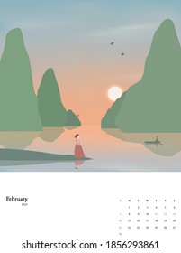 2021 New Year Calendar Set 02 : woman and ferryboat