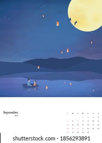 2021 New Year Calendar Set 09 : A Sky Lantern And Full Moon View