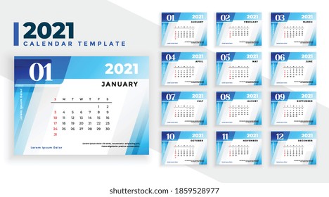 2021 new year calendar template in blue geometric shapes style
