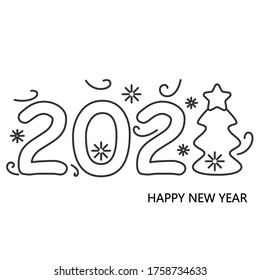 2021 New Year calligraphic lettering text with falling snow flakes and Christmas tree. Linear calligraphy for greeting card, party invitation sale announce and banner. Editable vector illustration