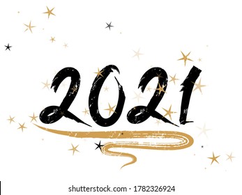 2021 New Year calligraphy holiday banner festive design with gold star sparkles. Black handwritten lettering beautiful font. 2021 New Year party invitation card template with calligraphic text.
