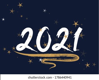 2021 New Year calligraphy holiday banner festive design with gold star sparkles. Cool handwritten lettering beautiful font. 2021 New Year party invitation card template with calligraphic text.