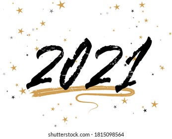 2021 New Year calligraphy holiday banner festive design with gold star sparkles. Black handwritten lettering beautiful font. 2021 New Year party invitation card template with calligraphic text.