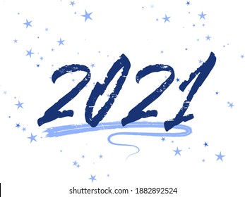 2021 New Year calligraphy holiday banner festive design with blue star sparkles. Dark blue handwritten lettering beautiful font. 2021 New Year party invitation card template with calligraphic text.