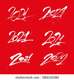 2021 New year calligraphy numbers lettering blob splatter handeritten banner calendar brush vector isolated red white
