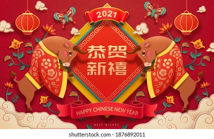 2021 new year card in 3d paper cut design. Bulls bowing and making greeting gestures with floral patterns in the background. Translation: Happy Chinese new year