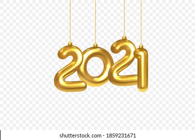 2021 New Year card. Christmas Decorations Hanging on a Gold chain Gold number 2021 on checkered background. Happy New Year Design Element Template. Realistic 3d Vector illustration