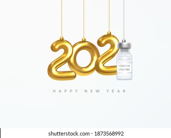 2021 New Year Card. Christmas Decorations. Gold Number 2021 Hanging on a Gold Chain surrounded by Snowflakes and Confetti. Happy New Year Design Element Template. Realistic 3d Vector Illustration