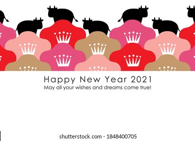 2021 New year card. Cows silhouette and colorful flowers.