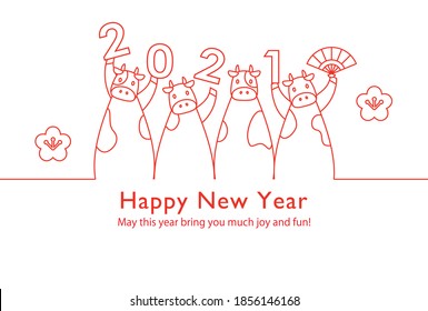 2021 New year card design. 4 Funny cows celebrating the new year. Simple line art style. 2021 is cow year of zodiac.