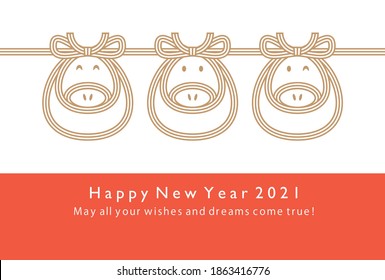 2021 New year card design. Three cute cows in mizuhiki style. Mizuhiki is Japanese ribbon decoration for celebration. 