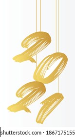 2021 New Year card. Design of Christmas decorations hanging on a gold chain gold number 2021. Happy new year. Realistic 3d. Vector illustration. Handwritten