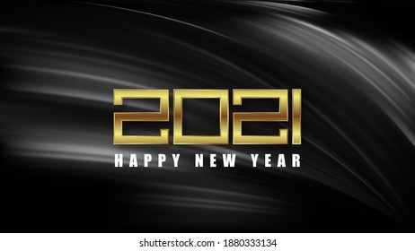 2021 New Year card. Golden 2021 New Year logo. Black and white background with waves. Vector illustration.