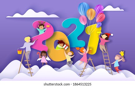 2021 New Year card. Kids different nationalities decorate big numbers 2021 on sky background. Vector illustration. Paper cut and craft style.