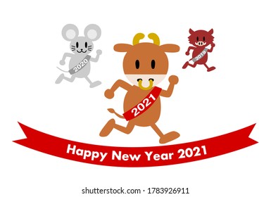 2021 New Year Card. Year of the Ox. Animals relay runner. Vector illustration.