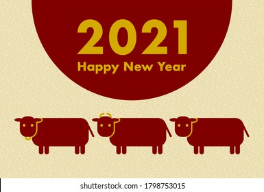 2021 New Year card. Year of the Ox. Vector illustration of cattle and japanese traditional pattern.