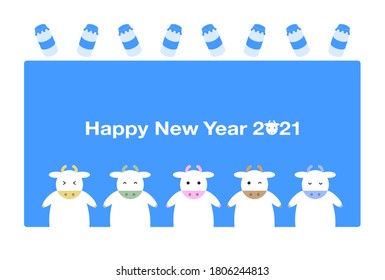 2021 New Year card. Year of the Ox. Vector illustration of cattle and milk.