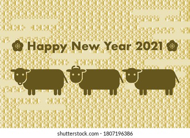 2021 New Year card. Year of the Ox. Vector illustration of cattle and japanese traditional pattern.