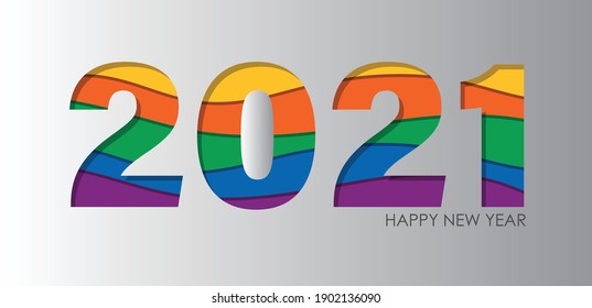 2021 New Year card. Paper cut vector illustration EPS10. Colorful waves 