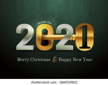 2021 new year card for real estate company. Happy new year 2021 concept with key and door lock. Realty. Welcome home. Vector illustration. Isolated on black wood texture.