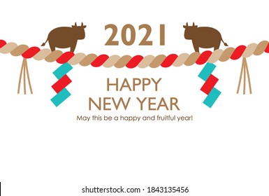 2021 New year card. Two silhouette cows on a Japanese sacred rope.