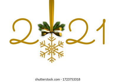 2021 New Year card. Vector golden bow with snowflake, numbers 2021 and fir branches. Christmas decoration. Holiday greeting card. poster, banner