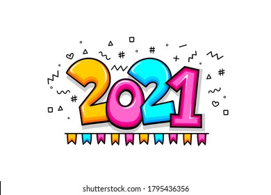 2021 new year cartoon comic text number sketch style. Simple figure and flags. 2021 greeting colorful vector illustration. Bright colors comic text 2021 Christmas lettering.