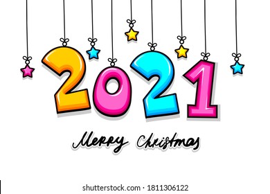 2021 new year cartoon comic text number sketch style. Merry Christnas design. 2021 greeting colorful vector illustration. Bright colors comic text 2021 Christmas lettering.