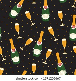 2021 New Year celebration champagne bottles wearing face masks against Covid vector pattern. Alcohol, flutes , confetti, stars on black and gold party background. 2021 Coronavirus New Year design