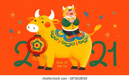 2021 new year celebration poster with cute boy sitting on bull and making greeting gesture, concept of Chinese zodiac sign ox