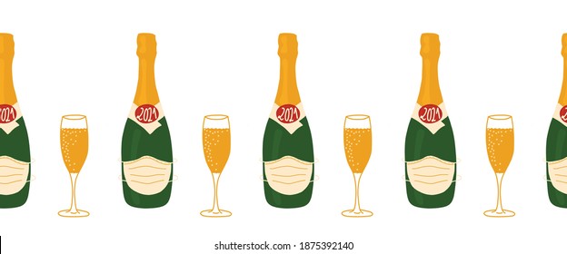 2021 New Year celebration seamless vector border. Champagne bottle wearing a face mask repeating pattern. Champagne flute and bottle isolated. 2021 Coronavirus New Year clip art design