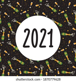2021 New Year celebration vector illustration with champagne bottles wearing face masks, flutes , confetti, stars. Editable text on black and gold party pattern. 2021 Coronavirus New Year design