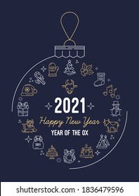 2021 New year and Christmas. Holiday postcard or banner with a Christmas toy ball with an outline icons set. Chinese year of the Ox. Vector illustration on a dark blue background.