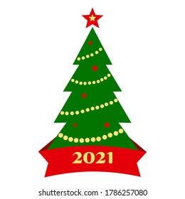 2021 New Year Christmas tree icon with decoration and ribbon isolated on white background. Vector illustration